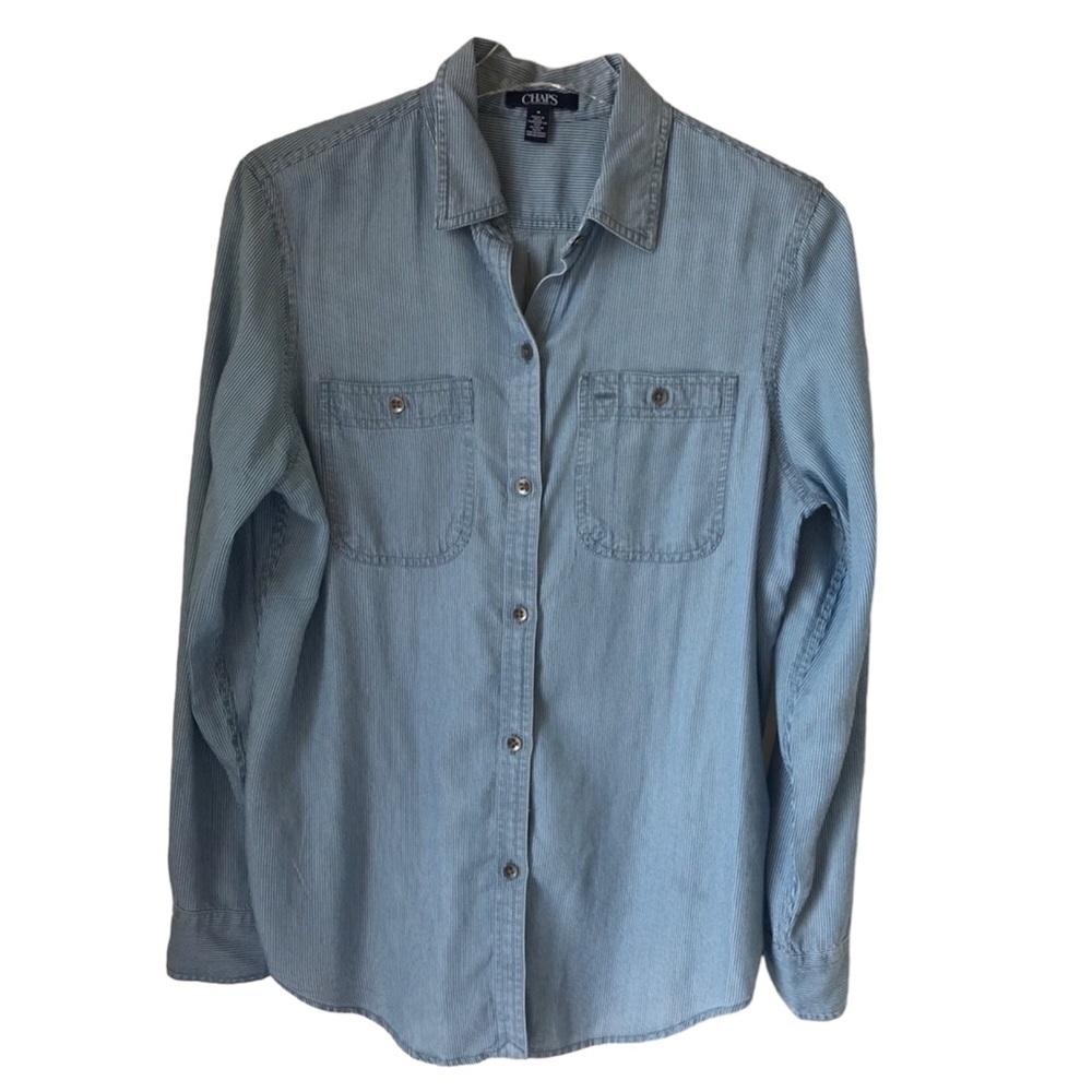 Chaps size M long sleeve button up shirt blue/white small stripe - Picture 1 of 8